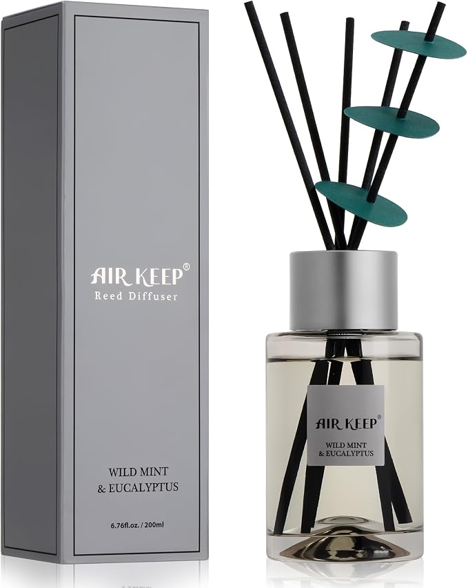 Airkeep Reed Diffuser/Grey Reed Diffuser Set/6.7 oz(200ml)/Wild Mint&Eucalyptus Oil Diffuser & Reed Diffuser Sticks/Home Decor & Office Decor, Fragrance and Gifts