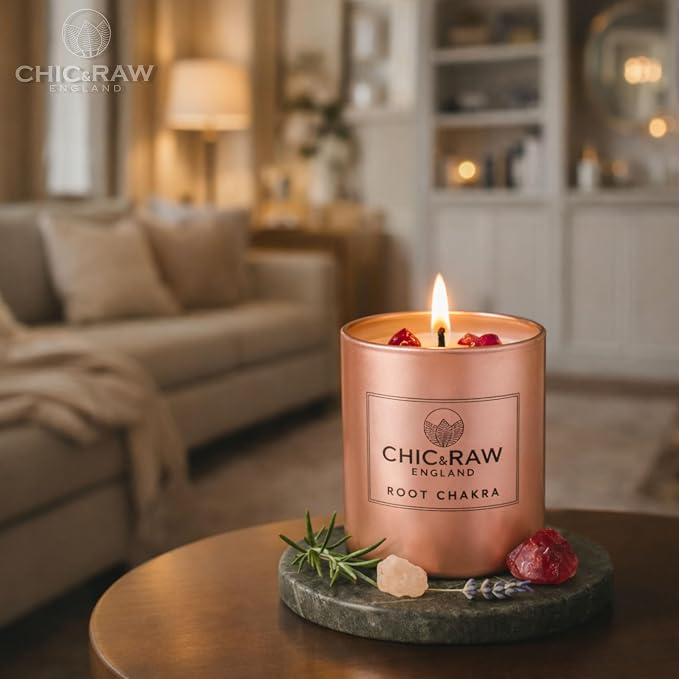 Aromatherapy Candle with Crystal Ruby Root Chakra, Scented Candle in Rose Gold, Luxury Long-Lasting Burn Natural Soy Candle for Home Scented, Unique Healing Gifts for Women,7.05oz