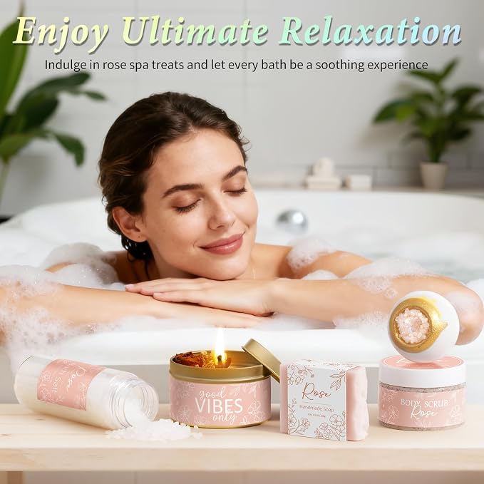 Spa Gifts for Women Bath Gift Set, Rose Relaxing Spa Gift Baskets Home Bath Set Self Care Kit Care Package Thank You Birthday Mothers Day Easter Gifts for Women Her Mom Sister Friends Teen Girls Wife