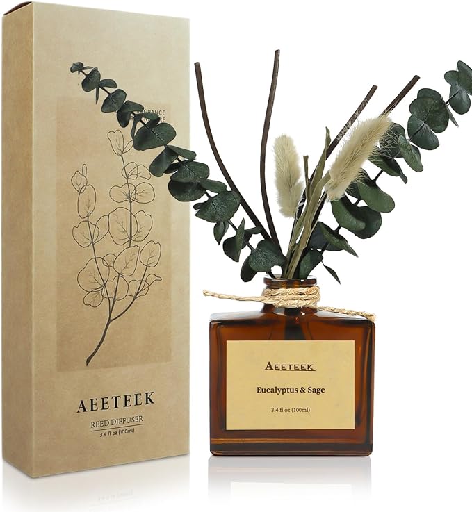 Reed Diffuser, Sage & Eucalyptus Essential Oil Diffuser for Bathroom, 3.4 oz Scented Diffusers, Long-Lasting Fragrance for Home Decor with Dried Flowers
