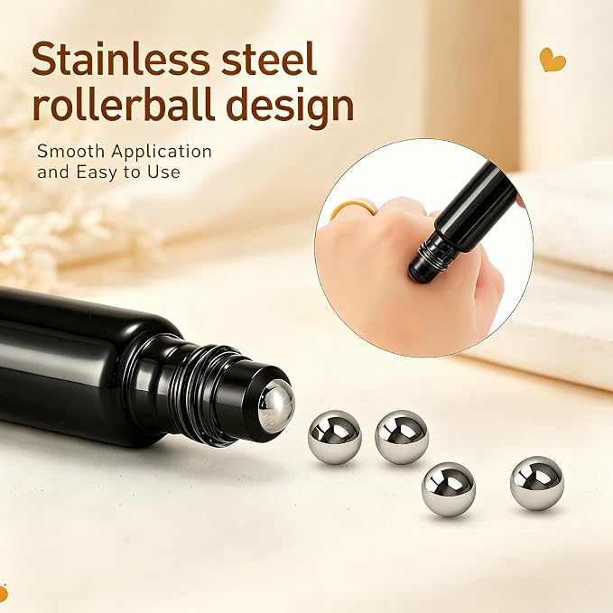 Kesell 10ml Black Glass Roller Bottles 6Pack, Essential Oil Roller Bottles with Funnel & Stainless Steel Roller Ball Applicator, Small Glass Vials for Perfume, Massage Oil, Refillable Travel Container