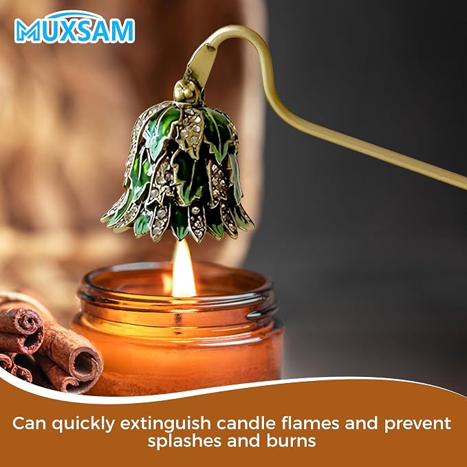 MUXSAM Vintage Candle Snuffer, Candle Extinguisher with Long Handle, Metal Wick Flame Snuffer for Putting Out Candle Flame Safely, Floral Candle Snuffers Accessory for Candle Lovers, Green