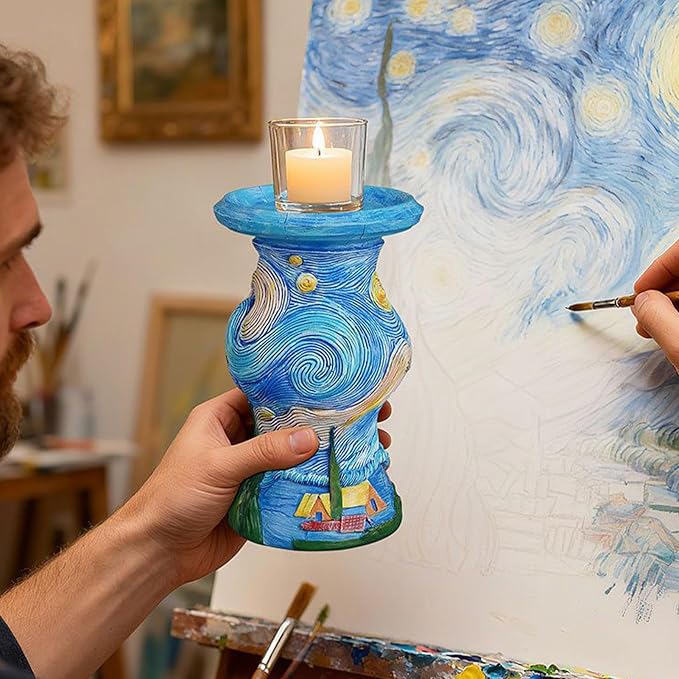 Vangogh Starry Nights Candlestick, Resin Decorative Taper Candle Holder, Art Home Decor, VintageCandle Sticks Holder, Candle Pillar Stands for Table Mantel Wedding Housewarming Gift Home Decoration
