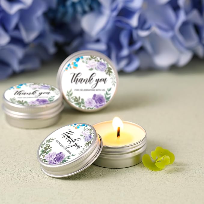 MTLEE 50 Pcs Purple Floral Wedding Candles Gift Favors for Guests 1 Oz Lavender Scented Soy Wax Aromatherapy Candle Favors for Bridal Shower Rustic Wedding Party Guests(Purple Flowers)