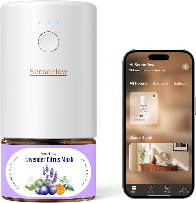 SF101S Pro Smart Plug in Air Freshener for Home, Waterless Essential Oil Diffuser, Aromatherapy Home Diffuser, 120-Day Natural Aroma Mist – Free 30ml Lavender Citrus Musk (Soft Lilac)