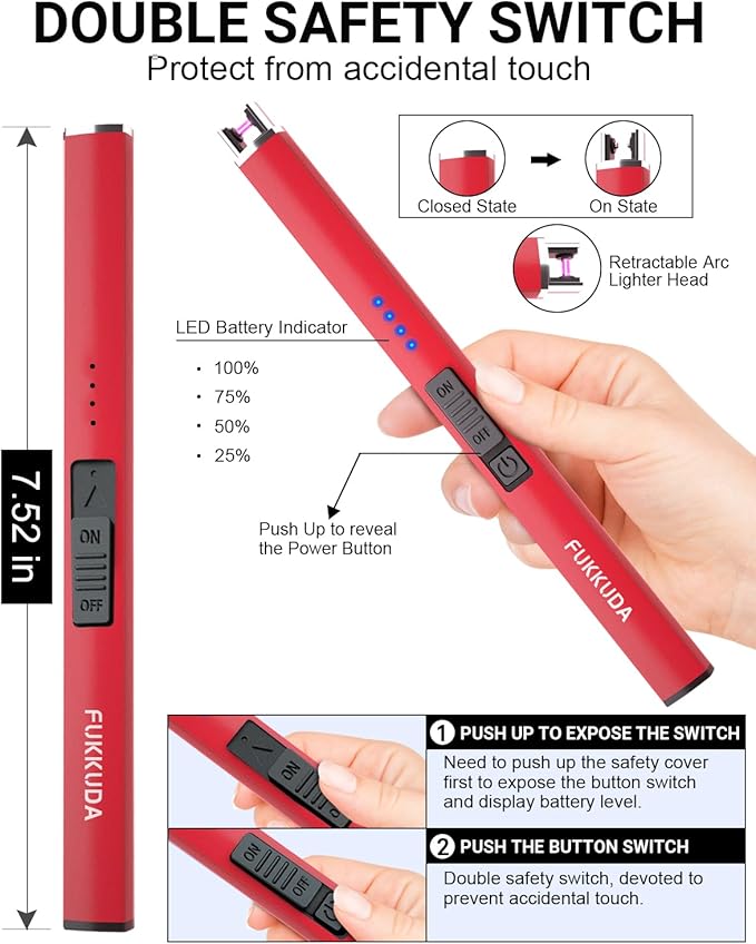 Electric Candle Lighter Rechargeable Lighters Stocking Stuffers for Women Plasma Arc Lighters Windproof & Flameless with USB Rechargeable Battery Double Safety Switch (Ruby Red)