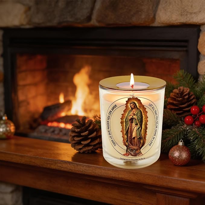 Lady Guadalupe Rose Scented Candle 50 Hours with Warmer Ring│Hand-Poured Natural Soy Wax│Universal Mother, Love, Patroness, Devotee, Blessing, Family Unity│Design in Paris│3“×3.6”