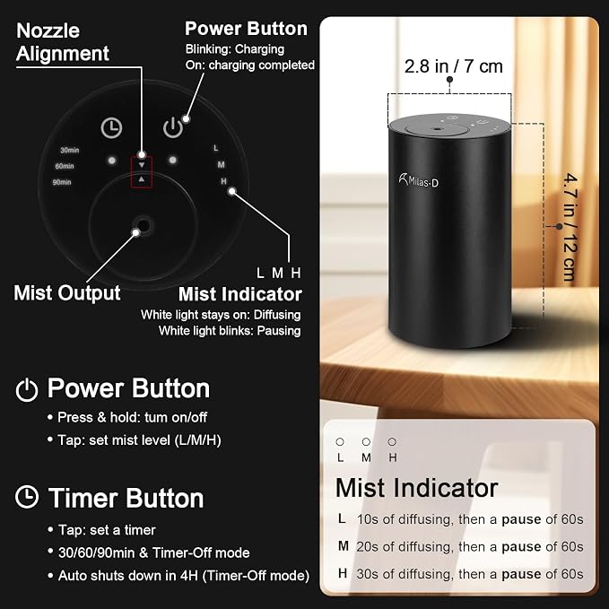 Waterless Essential Oil Diffuser, Battery Operated Nebulizer with 3-Timers & 3 Mist Levels, 0.7 fl.oz./20ml, Mini Scent Air Machine, Home Car Office Studio, Portable & Rechargeable, Milas-D, Black