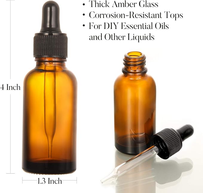 12 pcs, 1 oz Amber Dropper Bottles w/ 3 Stainless Steel Funnels & 1 Long Glass Dropper - 30ml Glass Bottles with Eye Droppers, Leakproof Essential Oils Bottle for Health, Personal Care & Beauty