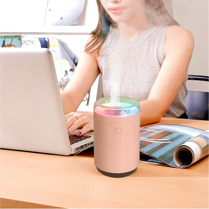 Portable Desk Car Mini Humidifier with Colorful Light, 2 Light Modes, Quiet Personal Ultrasonic Humidifier for Desktop, Bedroom, Car, Travel, Plant (Pink)