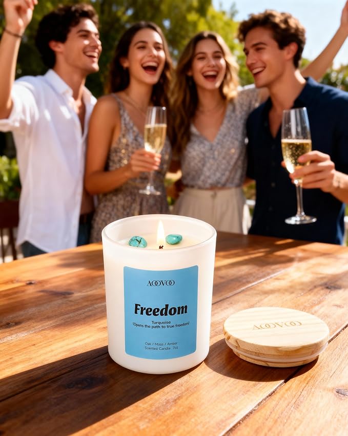 AOOVOO Empower Candles Set for Women - 4 Pack Candles for Home Scented, 28 oz 200 Hour Burn, Aromatherapy Candle with Crystals, Freedom Turquoise/Confidence Citrine/Strength Carnelian/Courage