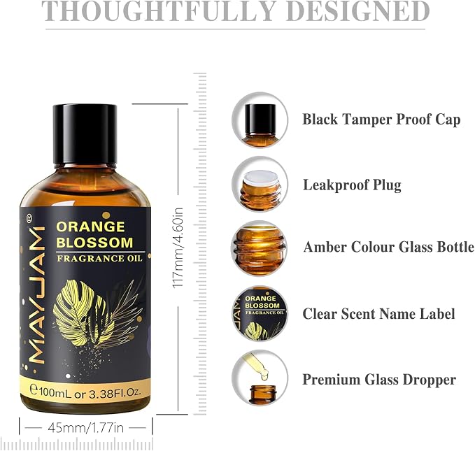 MAYJAM 100ML/3.38FL.OZ Orange Blossom Fragrance Oils with Glass Dropper, Essential Oils for Diffusers, Long Lasting Scented Oils for Soap Candle Making