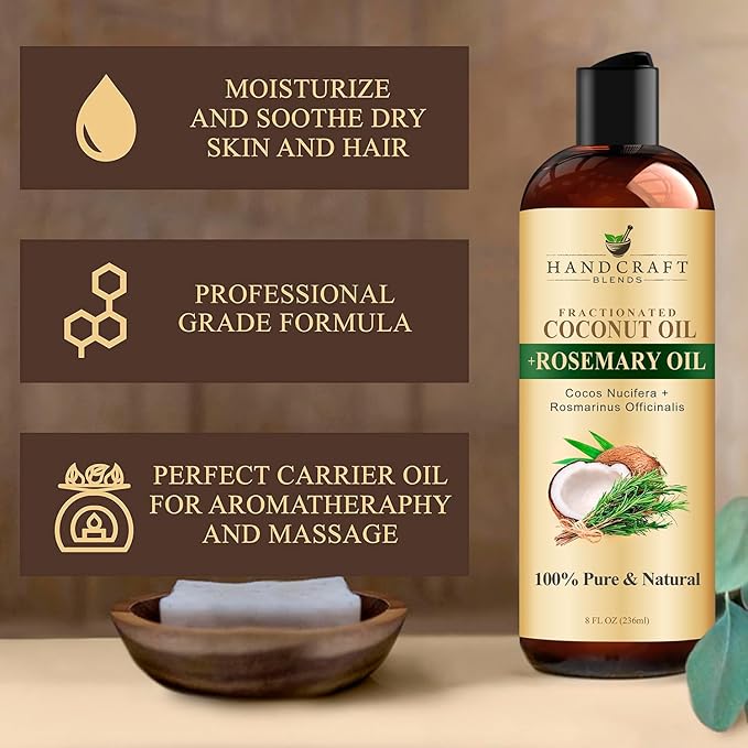 Handcraft Blends Fractionated Coconut Oil Infused with Rosemary - 8 Fl Oz - 100% Pure and Natural - Premium Grade Carrier for Skin, Hair and Massage