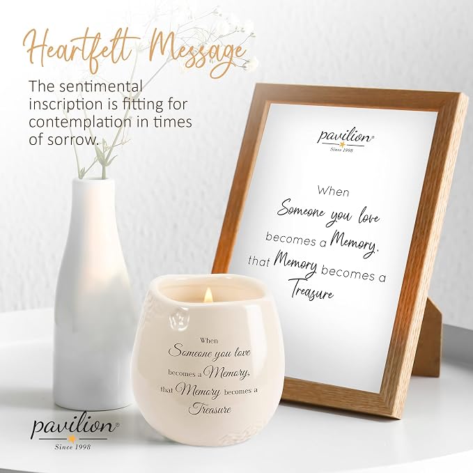 Pavilion - 8 Oz Candle Holder - Cream Beige Ceramic Candle Vessel with 100% Soy Wax, Tranquility Scent When Someone You Love Becomes A Memory Remembrance Gift - Printed Text, Love Theme, Round Shape