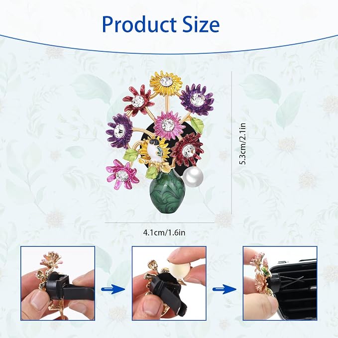 ORIESSE Flower Car Decor,Cute Dasiy Bird Vase Car Air Freshener Vent Clip,Bling Alloy Colorful DashBoard Vent Decorations Aesthetics for Women,Refillable Aroma Diffuser
