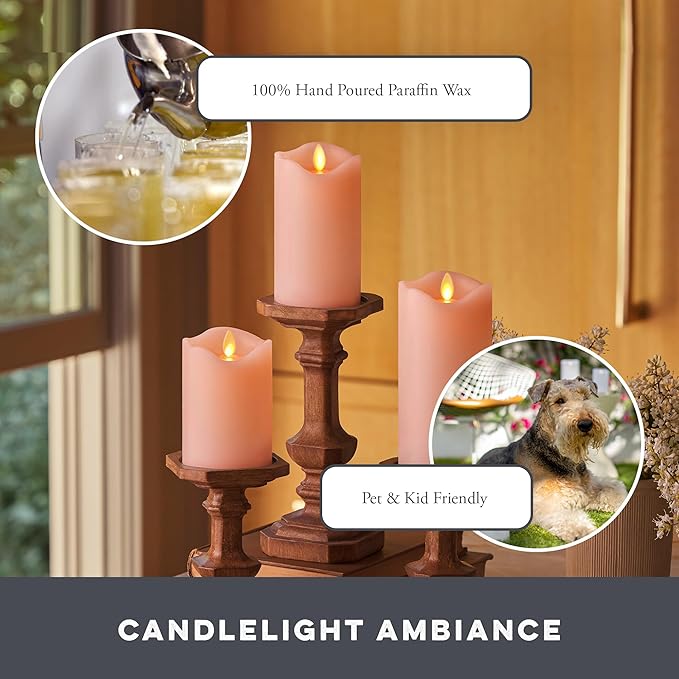 Matchless Candle Co. by Luminara - Flameless LED Battery Operated Flickering Pillar Candles - Pastel Pink - Set of 3 - Indoor Outdoor Decor Safe