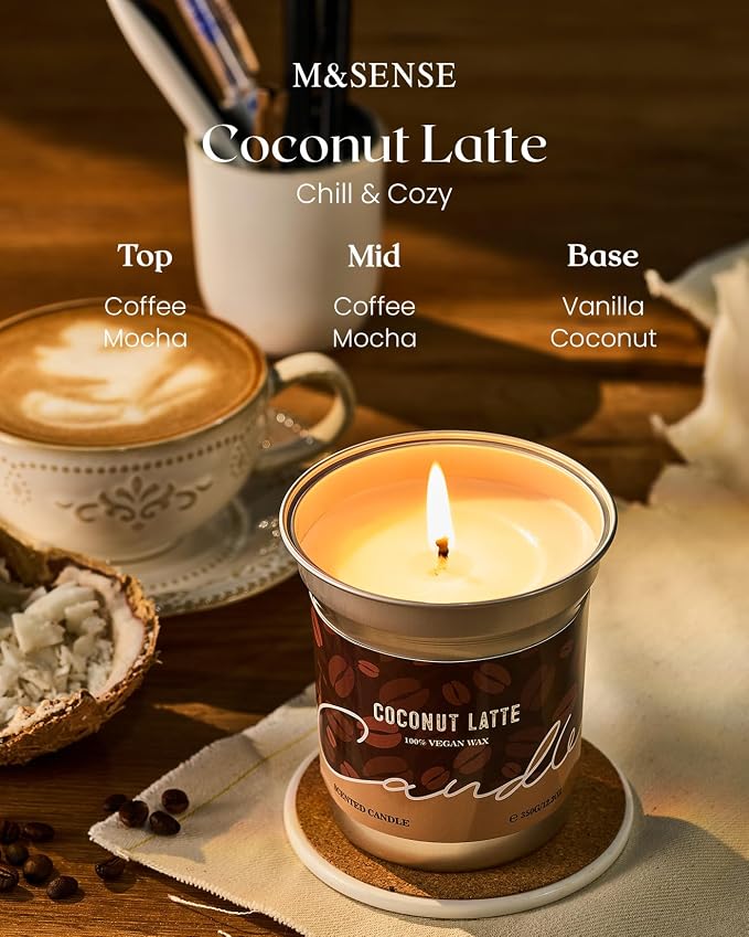 M&SENSE Coconut Latte Scented Candle, Soy Wax 7oz | 42 Hours Long Lasting, Clean Burn, Non-Toxic, Relaxing Aromatherapy