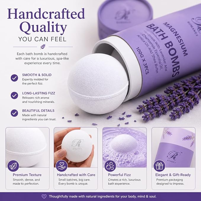 Magnesium Lavender Bath Bombs Gift Set – XL Epsom Salt Bath Bombs for Muscle Recovery, Stress Relief & Post-Workout Relaxation with Melatonin & Arnica Spa Gift for Women & Men Melatonin (Lavender)