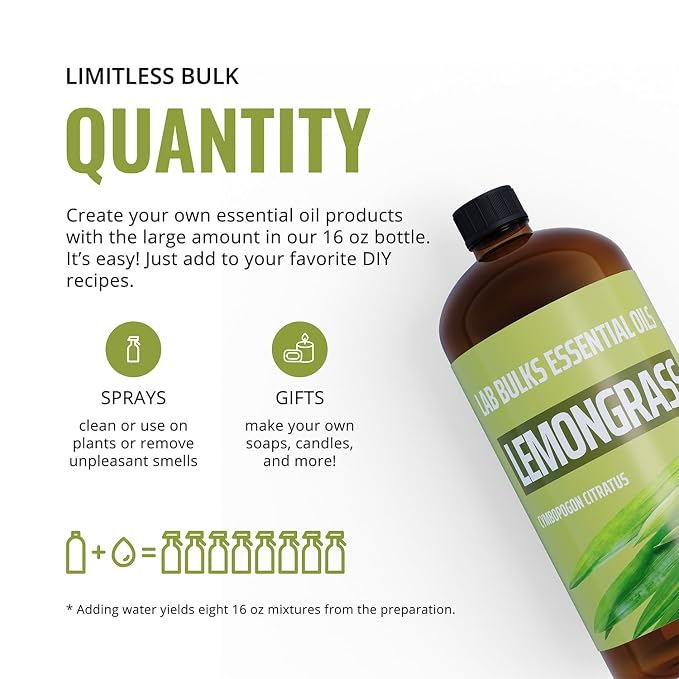 Lab Bulks Lemongrass Essential Oil 16 fl oz (Pack of 2) Bulk Essential Oil for Diffusers, Home Care, Aromatherapy and Candle Making