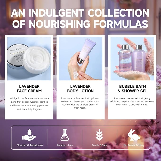 Spa Gifts for Women, Lavender Gift Set, Body & Earth 6 Pcs Bath Gift Sets, Self Care Kit, Birthday Relaxing Spa Set for Her Mothers Day Gifts for Mom