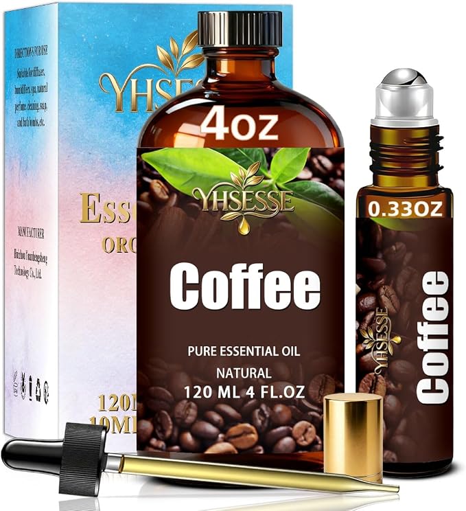 Coffee Essential Oil, Coffee Oil 4 Fl Oz 120ml for Diffuser Yoga Soap & Candle Making – with 0.33 Oz Roller Ball & Dropper YHSESSE Essential Oils