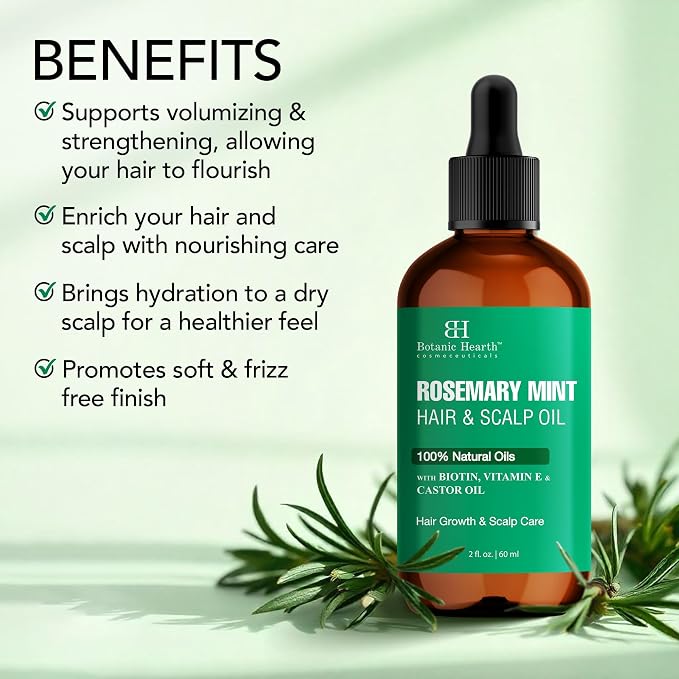 Botanic Hearth 100% Pure Rosemary Mint Oil For Hair Growth & Hair Treatment Oils 2 Fl Oz | Infused with coconut Oil | Hair Oil Repairs Dry Damaged Hair, Strengthening, Healthier | All Hair Types