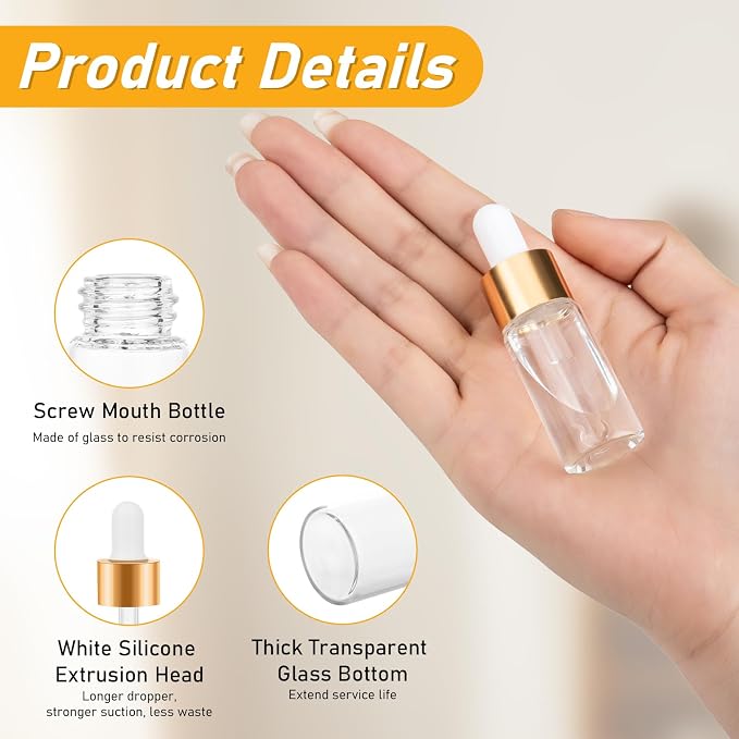 20 Pack Mini Dropper Bottle for Cuticle Oil, 10ml Small Sample Essential Oil Dropper Bottles for Travel, Clear Empty Vails for Cosmetic Perfume