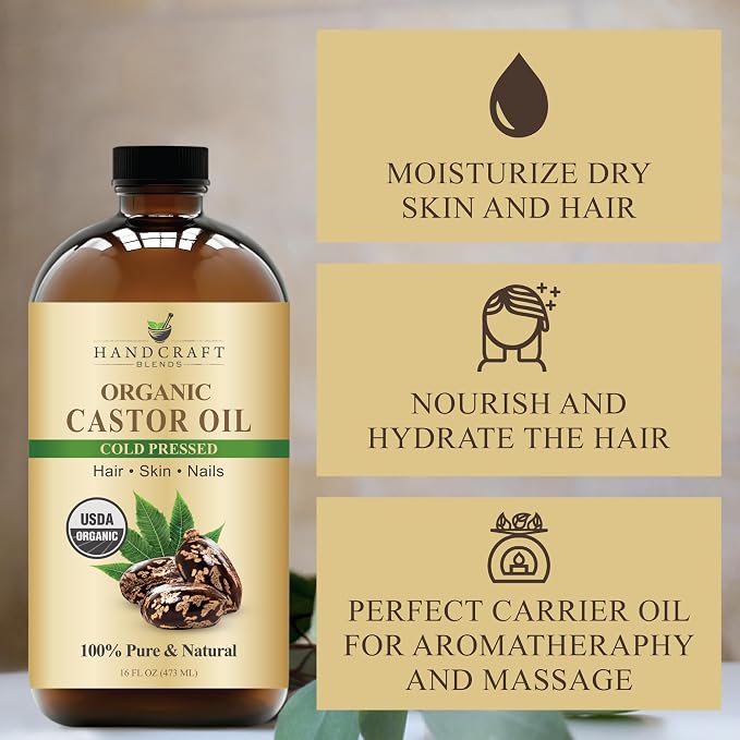 Handcraft Blends Cold-Pressed Organic Castor Oil 16 Fl Oz | Glass Bottle | 100% Pure and Natural | Premium Grade Carrier Oil | Hair, Eyelashes and Eyebrows | Hair and Body