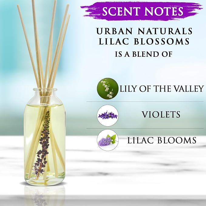 Urban Naturals Lilac Blossoms Reed Diffuser Set | Made with Essential Oils & Real Botanicals | Lily of The Valley, Violets & Lilac | Made in the USA