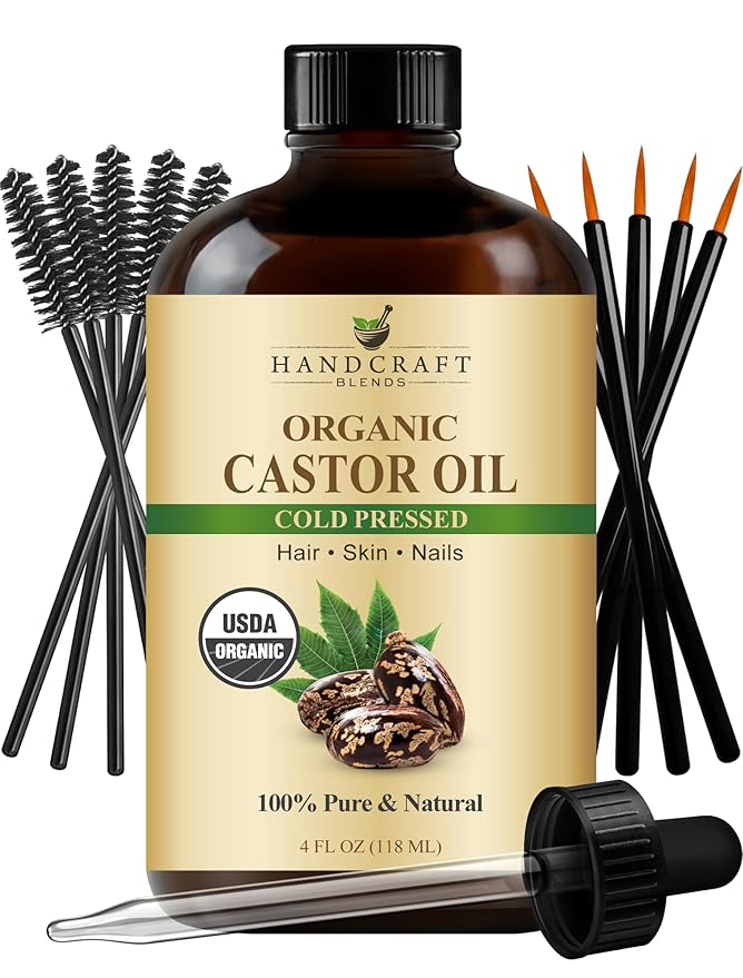 Handcraft Blends Cold-Pressed Organic Castor Oil 4 Fl Oz | Glass Bottle | Lash Brushes | 100% Pure and Natural | Premium Grade Carrier Oil | Hair, Eyelashes and Eyebrows | Hair and Body | Cold-Pressed