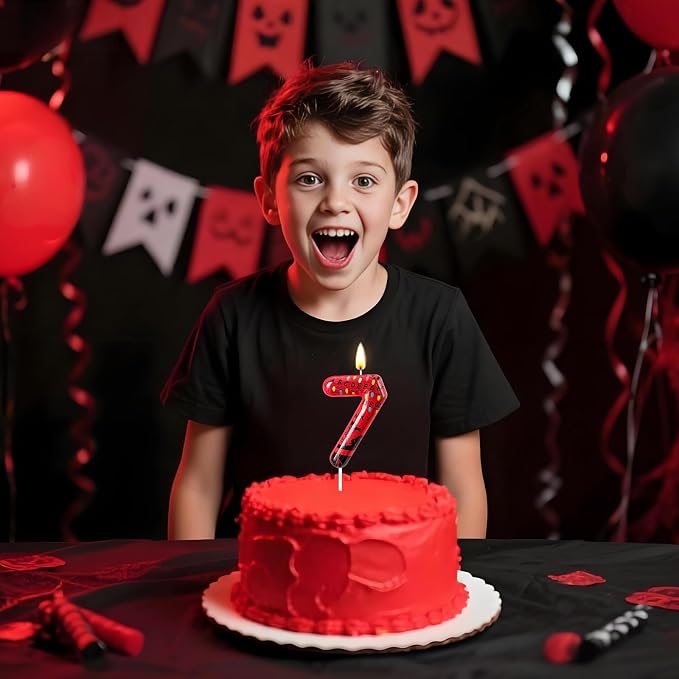 Red Number 7 Birthday Candle for Cake – Dark Horror Style with Alphabet Print & Shadow Design – Unique Cake Topper for Birthday, Anniversary, Themed Party Decoration