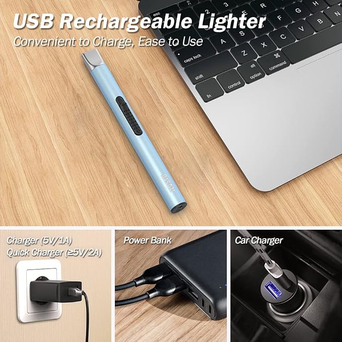 Electric Candle Lighter - Rechargeable USB Arc Windproof Flameless Plasma Lighter with Long Stick, Rope and Ring - No Butane Fluid - Perfect for BBQ, Camping, Kitchen Stove - Blue