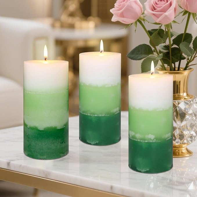 Pillar Candles 3x6 Inch Eucalyptus Scented Hand-Poured 3-Layers Green Gradient Decorative Candle Long Burning Candle for Home Scented Relaxation Spa Holiday Dinner Table, Set of 3
