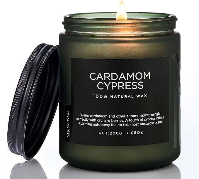 M&SENSE Cardamon & Cypress Scented Candle, 50 Hours Burn Clean Non Toxic Candle 7.05oz Natural Soy Wax Organic Candles Cozy Home Fragrance Meditation Candle Holiday Birthday Gift for Men Women
