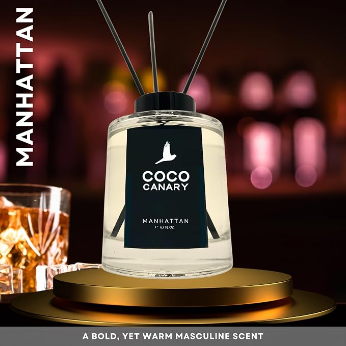 Coco Canary Reed Diffuser Set, 6.7 fl oz Home Fragrance - Manhattan - Long-Lasting Masculine Scent, Whiskey Cocktail Notes, Urban Sophistication