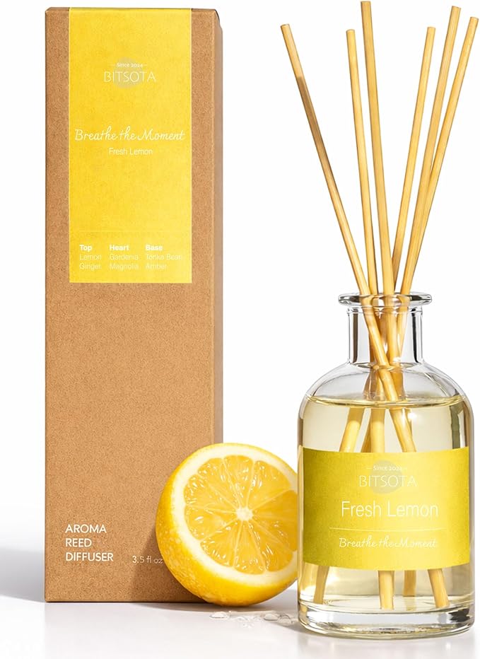 Natural Reed Diffuser Set, Fresh Lemon 3.52 oz (100ml) Scented Diffuser with Sticks Home Fragrance Reed Diffuser for Bathroom Shelf Decor, Ideal Gift for Woman