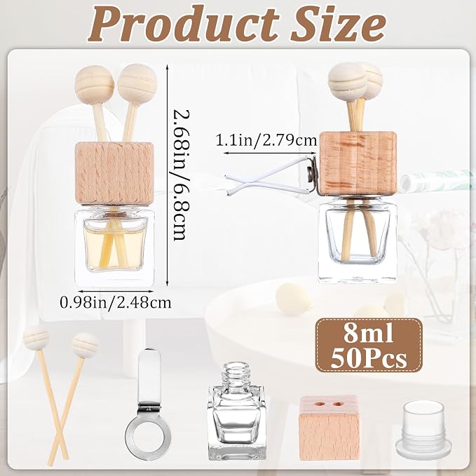 50 Pcs Glass Car Air Freshener Vent Clip Empty Essential Oil Diffuser Bottle Auto Glass Perfume Diffuser with Vent Clip Wooden Cap and Stick for Car Fragrance Ornament (Clear)