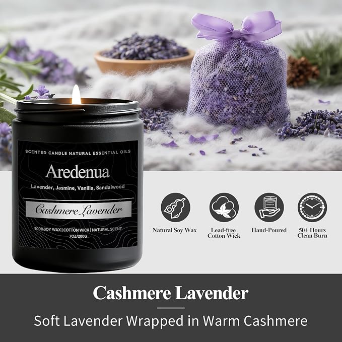 Cashmere Lavender Candle - Soy Candles for Home Scented, Relaxing Aromatherapy Candle for Women Men - 7oz Long Lasting Candles Gift for Women & Men, 50 Hours Burn Tim