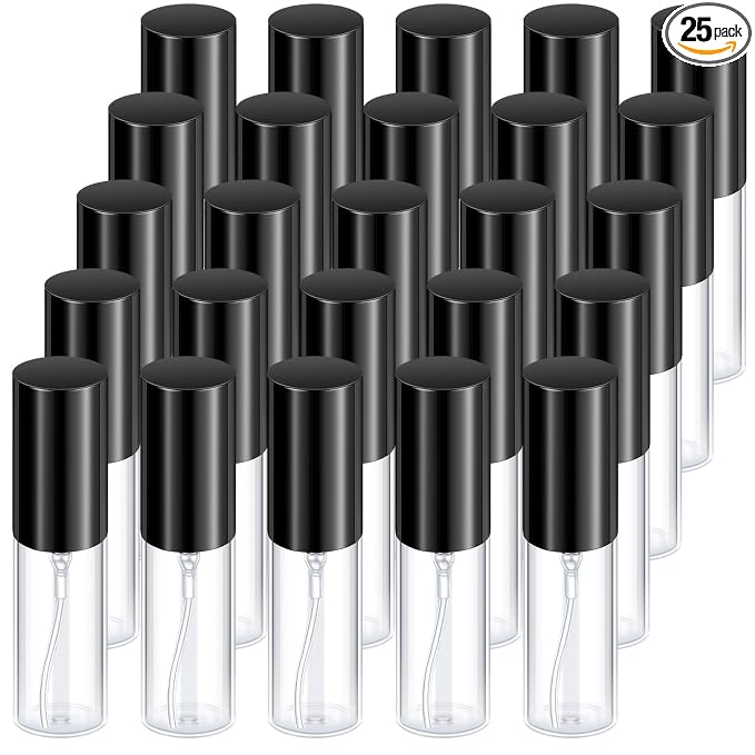 Yinder 25 Pcs 5 ml Travel Spray Bottle Refillable Perfume Atomizer Bulk Glass Mini Cologne Perfume Bottles Empty Fine Mist Portable Small Sample Containers, Black
