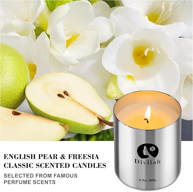 English Pear&Freesia Scented Candles, 65 Hour Long Lasting Non Toxic Natural Soy Wax in Silver Aluminum Jar, Luxury Large Home Decorative Scented Candle, Aromatherapy Gift for Women, Men,9.9oz