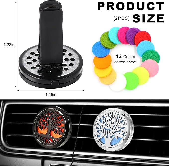 KVAEY 2PCS 30mm Car Diffuser Vent Clips, Tree of Life Aromatherapy Essential Oil Diffuser Locket with 12 Felt Pads, Stainless Steel Car Diffuser Locket Air Freshener (Style1)