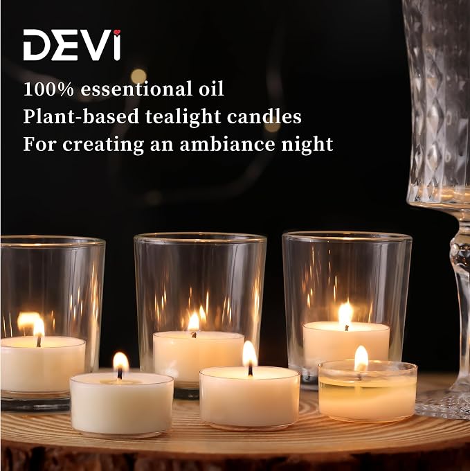 DEVI Vanilla Scented Tea Lights Candles 12 Pack, 5 Hours Natural Palm Tea Candles Bulk for Home Scented, Small Tealight Votives with Essential Oils for Home, Wedding,