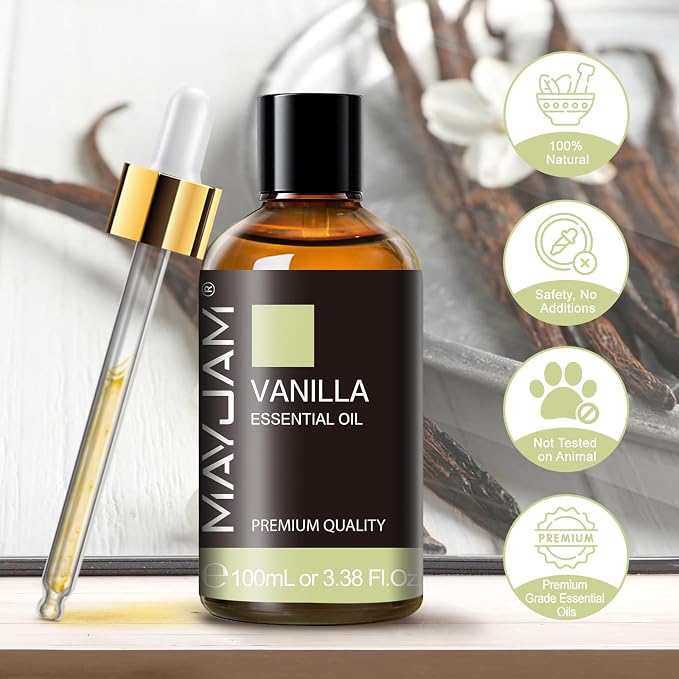 Vanilla Essential Oil 100ml, MAYJAM Premium Essential Oils for Aromatherapy, Diffuser, Soap Making, Candle Making, Large Bottle Vanilla Oil with Gift Box(3.38fl.oz)