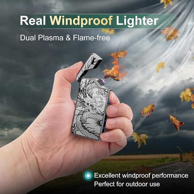 LcFun Electric Lighter - USB Rechargeable, Dual Arc Plasma Lighter, Windproof Flameless Lighters, Electronic Lighters with LED Battery Indication Gifts for Men Boyfriend Husband (Dragon Black)