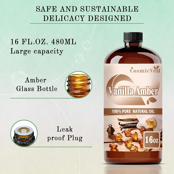 Vanilla Amber Essential Oil for Aroma Diffuser,Humidifier,Home Fragrance,Cleaning,Body Care,Massage,Yoga,DIY Candle,DIY Soap CosmicVeil（Vanilla Amber，16 Fl Oz (Pack of 1)）