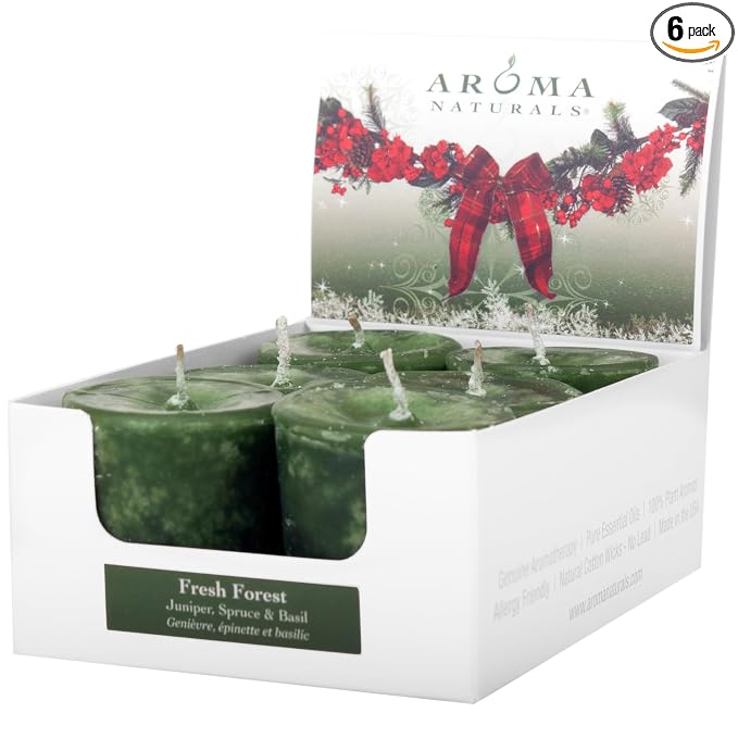 Aroma Naturals Votive Candles Essential Oil with Juniper Spruce and Basil, Evergreen Holiday, 6 Count