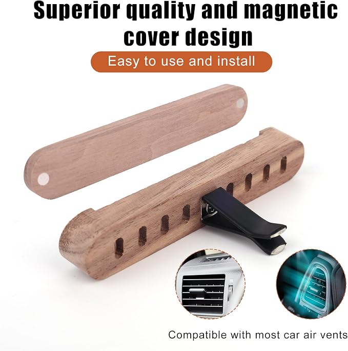 2pcs Wood Air Freshener Clips for Cars, Magnetic Car Air Vent Essential Oil Perfume Clip with 8 Unscented Absorbing Sticks Refillable Aroma Diffuser Base Holder for Auto Homes Offices Accessories