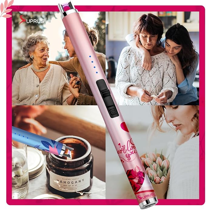 SUPRUS Candle Arc USB Type C Lighter Electric Lighter with Upgraded LED Battery Display Safety Switch Rechargeable Flameless Plasma Windproof Portable for Mother‘s Day (Pink)