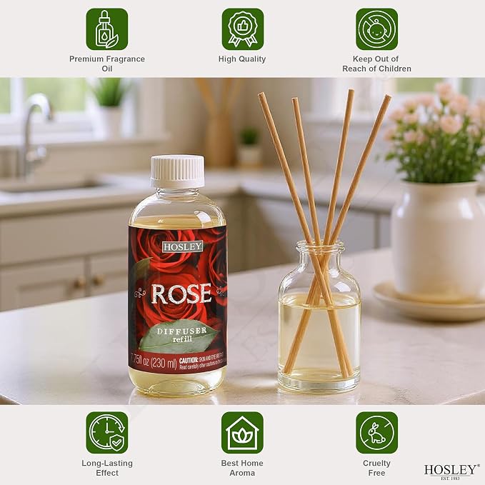 Hosley Premium Oil Diffuser Refill Rose Fragrance's -7.75 OZ Long Lasting for Home Fragrance for Bathroom, Bedroom, Office, Meditation, Wedding Gift.