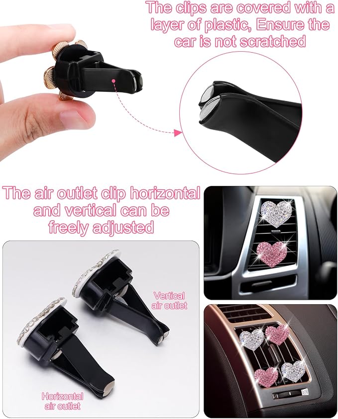 8Pcs PGRODE Car Air Vent Clips with Fragrance Pads, Cute Car Air Fresheners Clip Car Inter Decor Accessories for Women and Girls, Decorations Interior Aesthetic (Bling Heart)